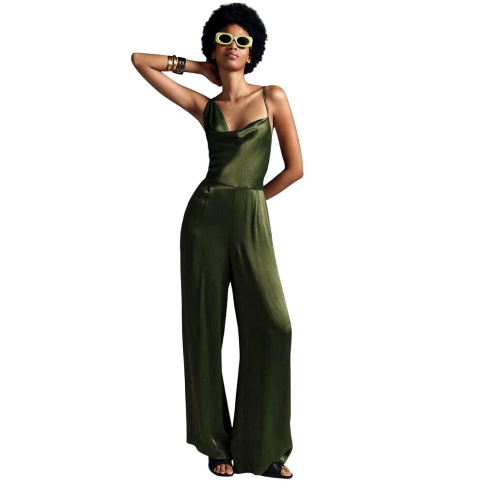 NWT Anthroplogie Green Satin Wide Leg Lace Up Jumpsuit 2 Party Event Date Glam